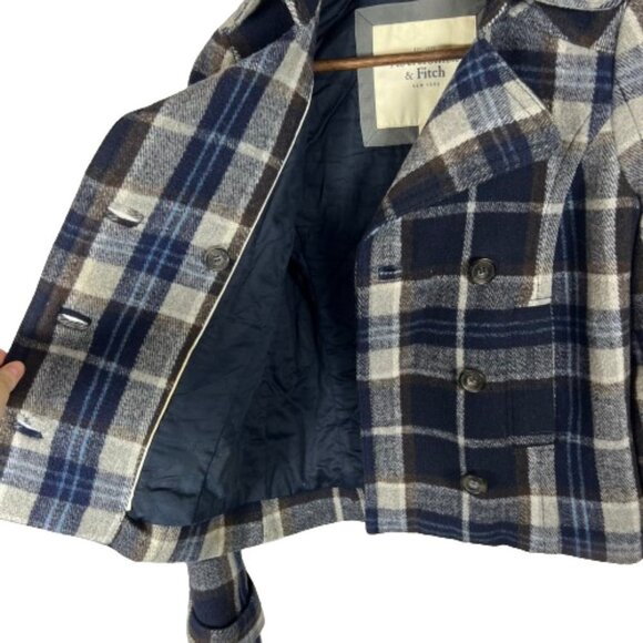 Abercrombie & Fitch Womens Plaid Wool Cropped Peacoat Jacket XS Blue Y2K Preppy - Picture 13 of 13